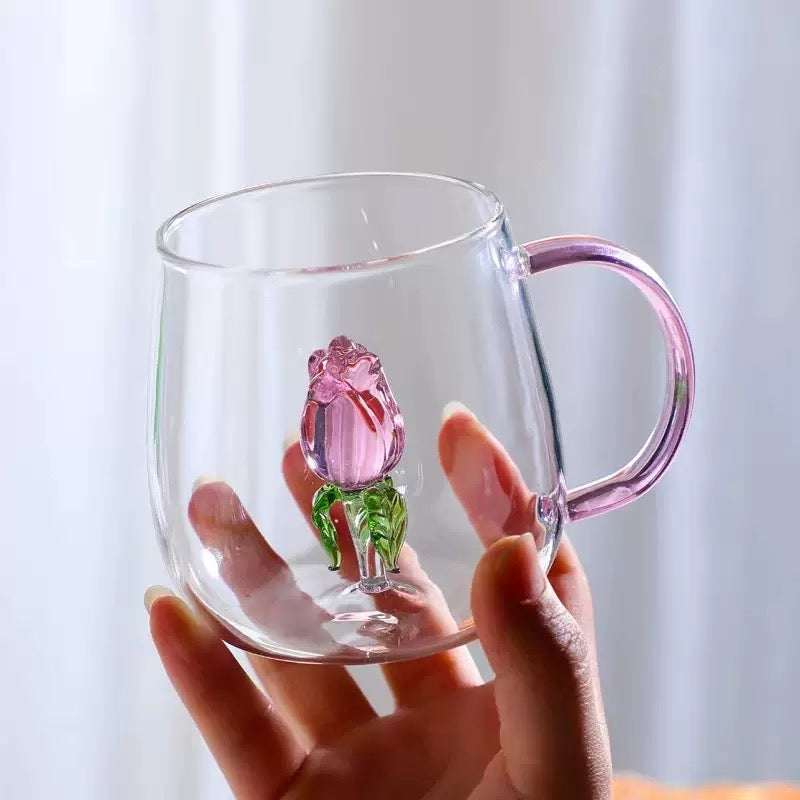 Creative 3D Flower Glass Mug Cute Transparent Coffee & Tea Cup with Colored Handle