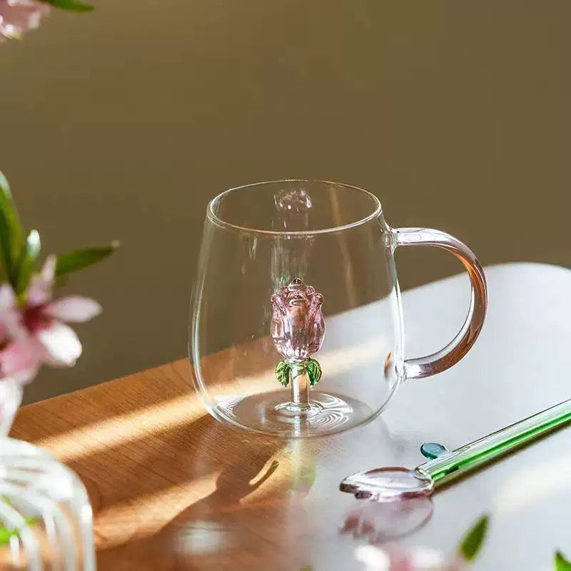 Creative 3D Flower Glass Mug Cute Transparent Coffee & Tea Cup with Colored Handle