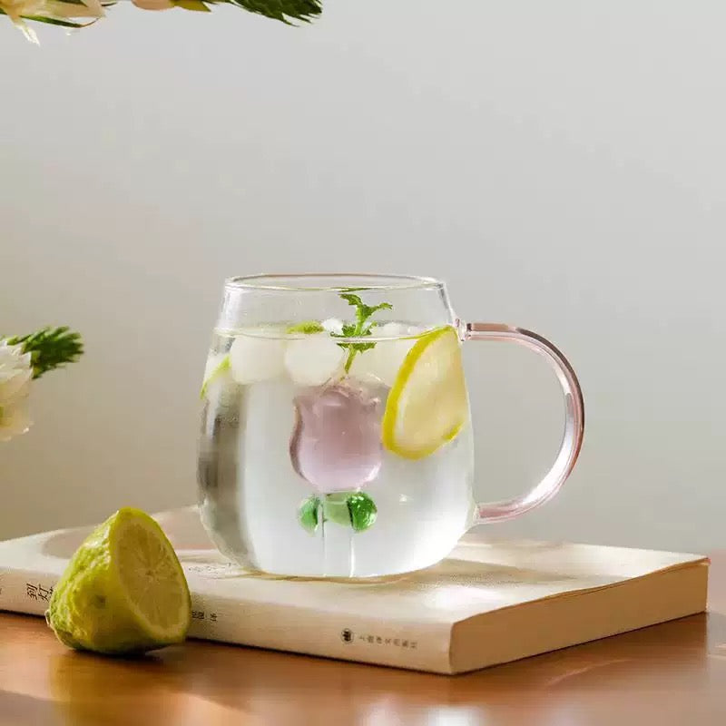 Creative 3D Flower Glass Mug Cute Transparent Coffee & Tea Cup with Colored Handle