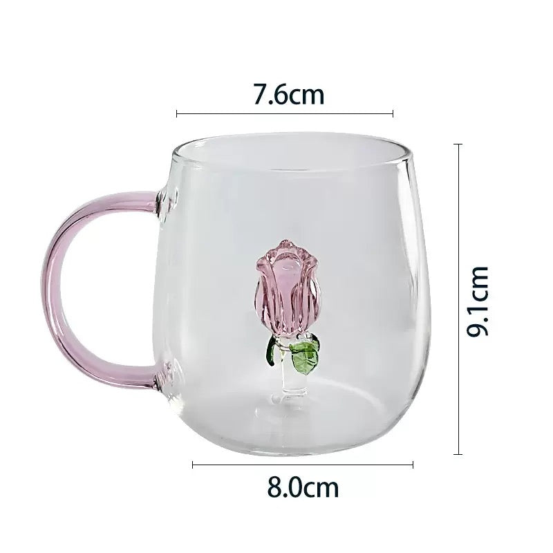 Creative 3D Flower Glass Mug Cute Transparent Coffee & Tea Cup with Colored Handle