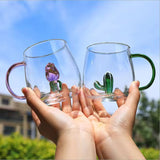 Creative 3D Flower Glass Mug Cute Transparent Coffee & Tea Cup with Colored Handle