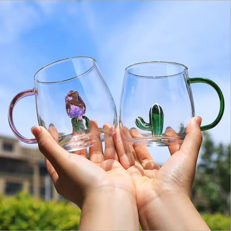 Creative 3D Flower Glass Mug Cute Transparent Coffee & Tea Cup with Colored Handle