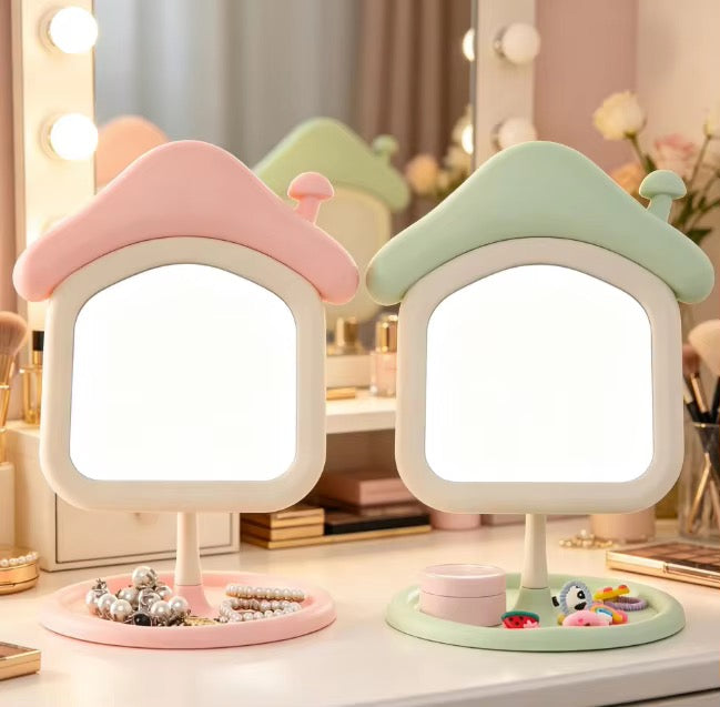 Cute Mushroom House Vanity Mirror with Jewelry Storage Tray
