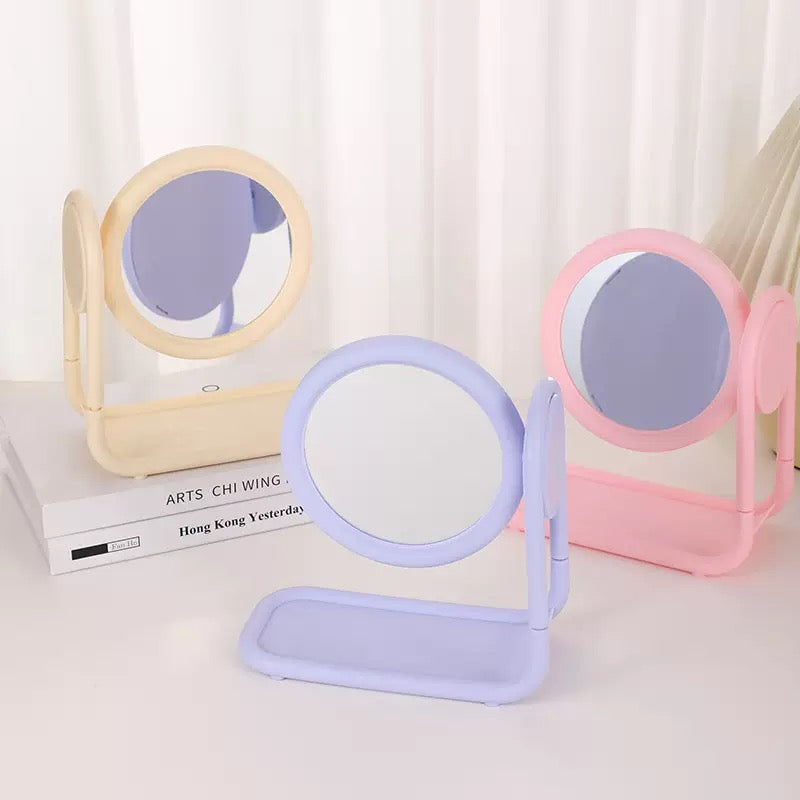 Pastel Rotating Double Sided Round Vanity Mirror with Storage Tray