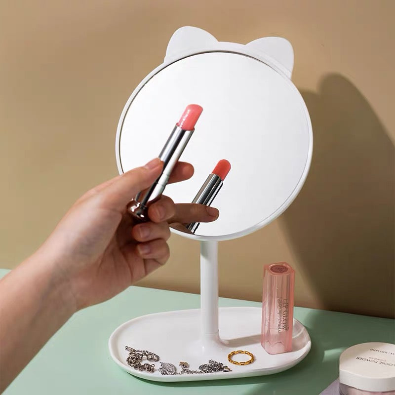 Cute Cat Ear Table Mirror with Hidden Comb & Jewelry Tray