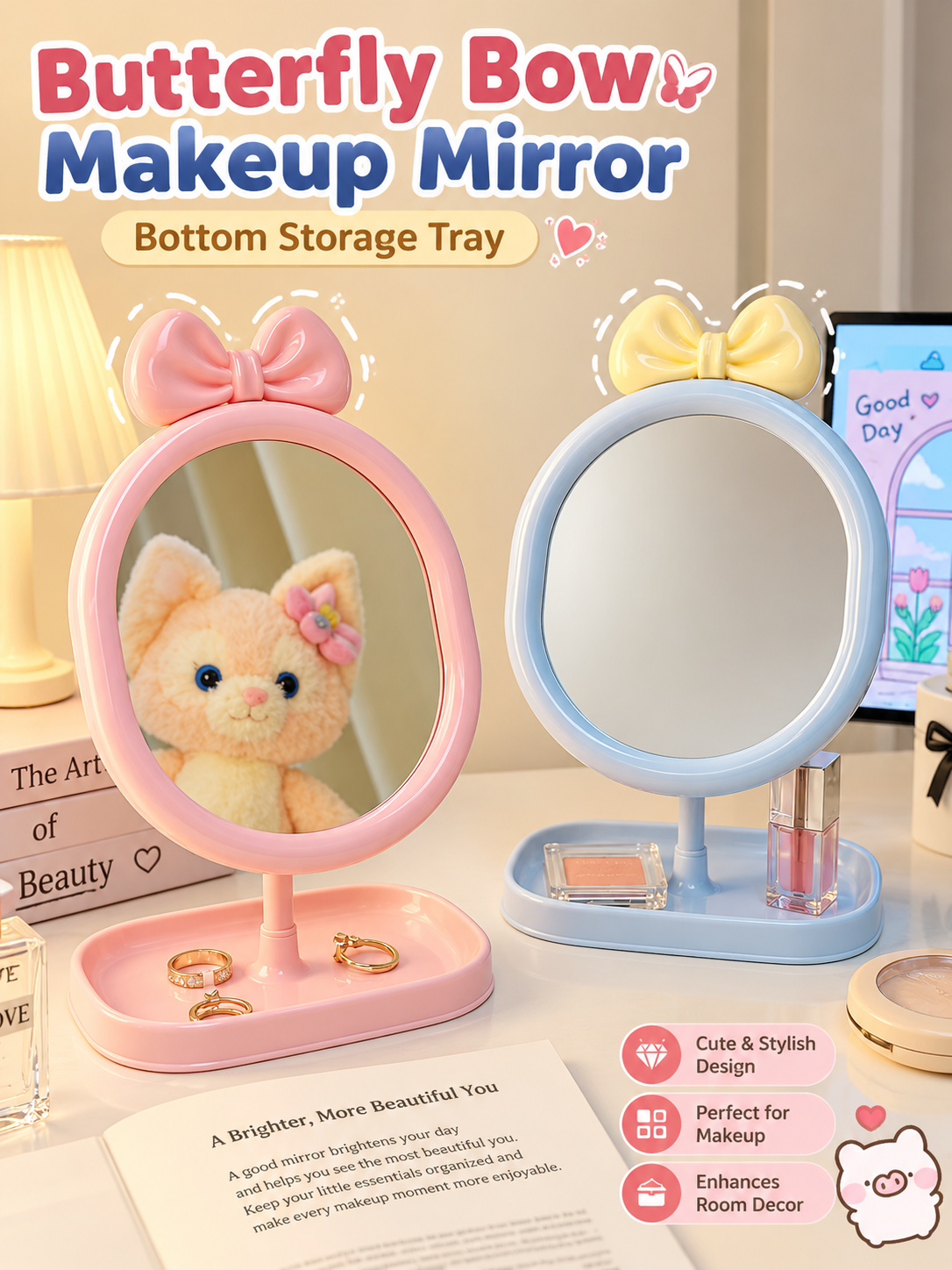 Cute Bow Vanity Table Mirror with Storage Tray
