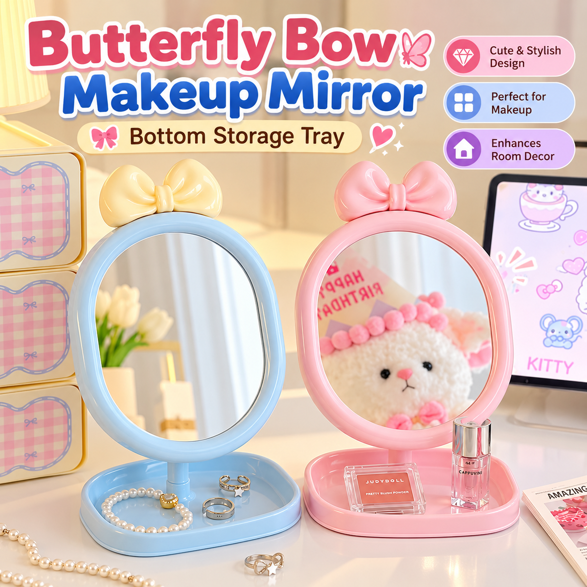 Cute Bow Vanity Table Mirror with Storage Tray