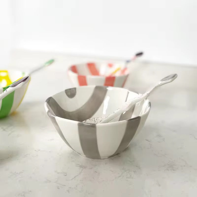 Colorful Striped Ceramic Bowl with Spoon Cute Dessert & Snack Bowl Set