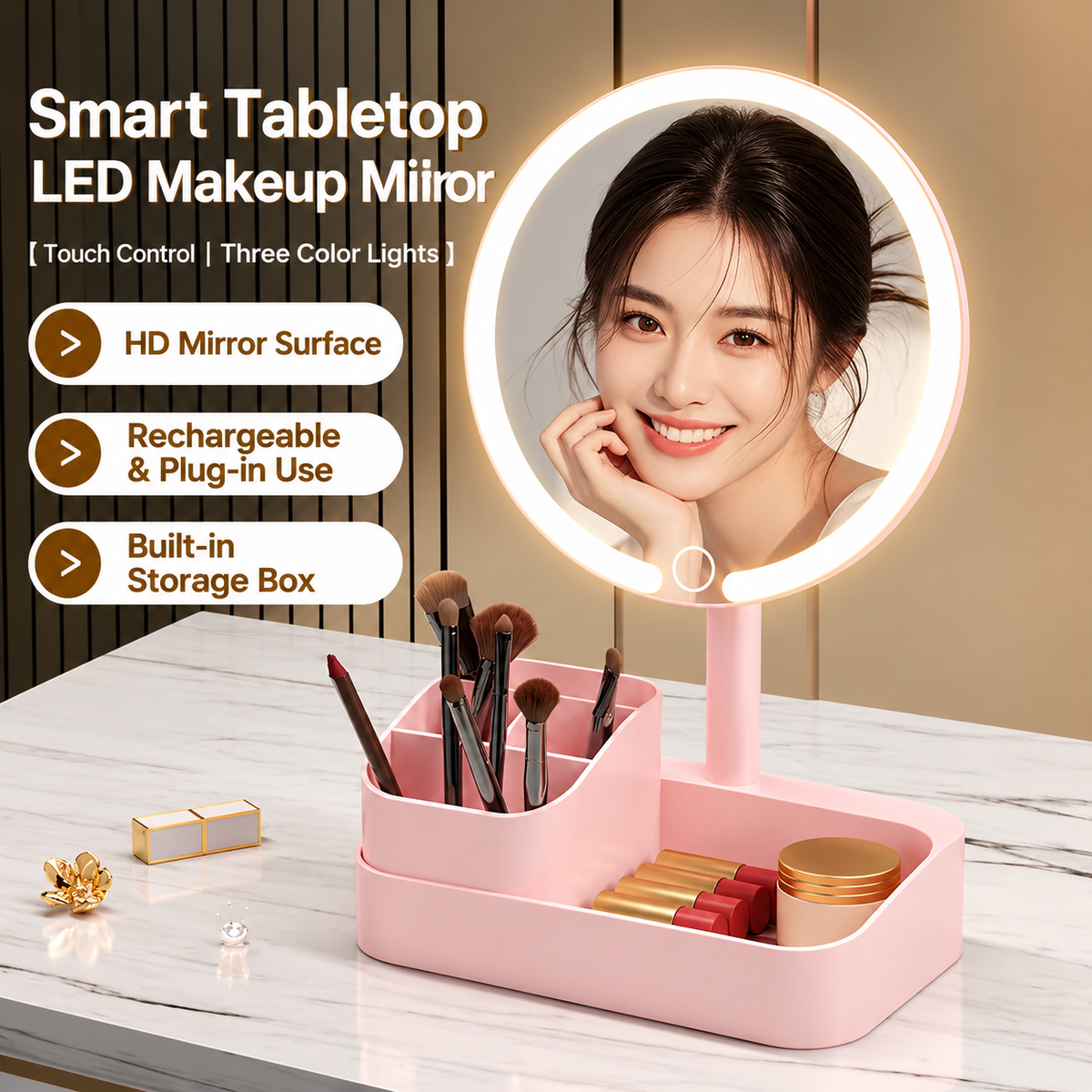 Smart LED Makeup Mirror with Storage Organizer 3 Color Lights