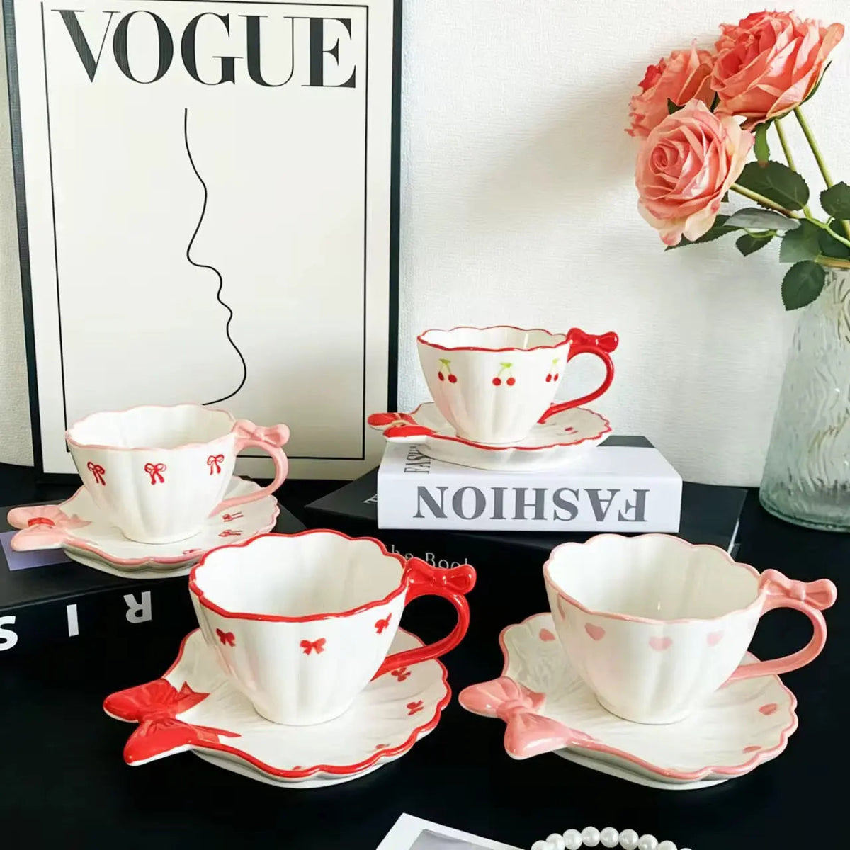Cute Bow & Cherry Ceramic Tea Cup with Saucer 260ml