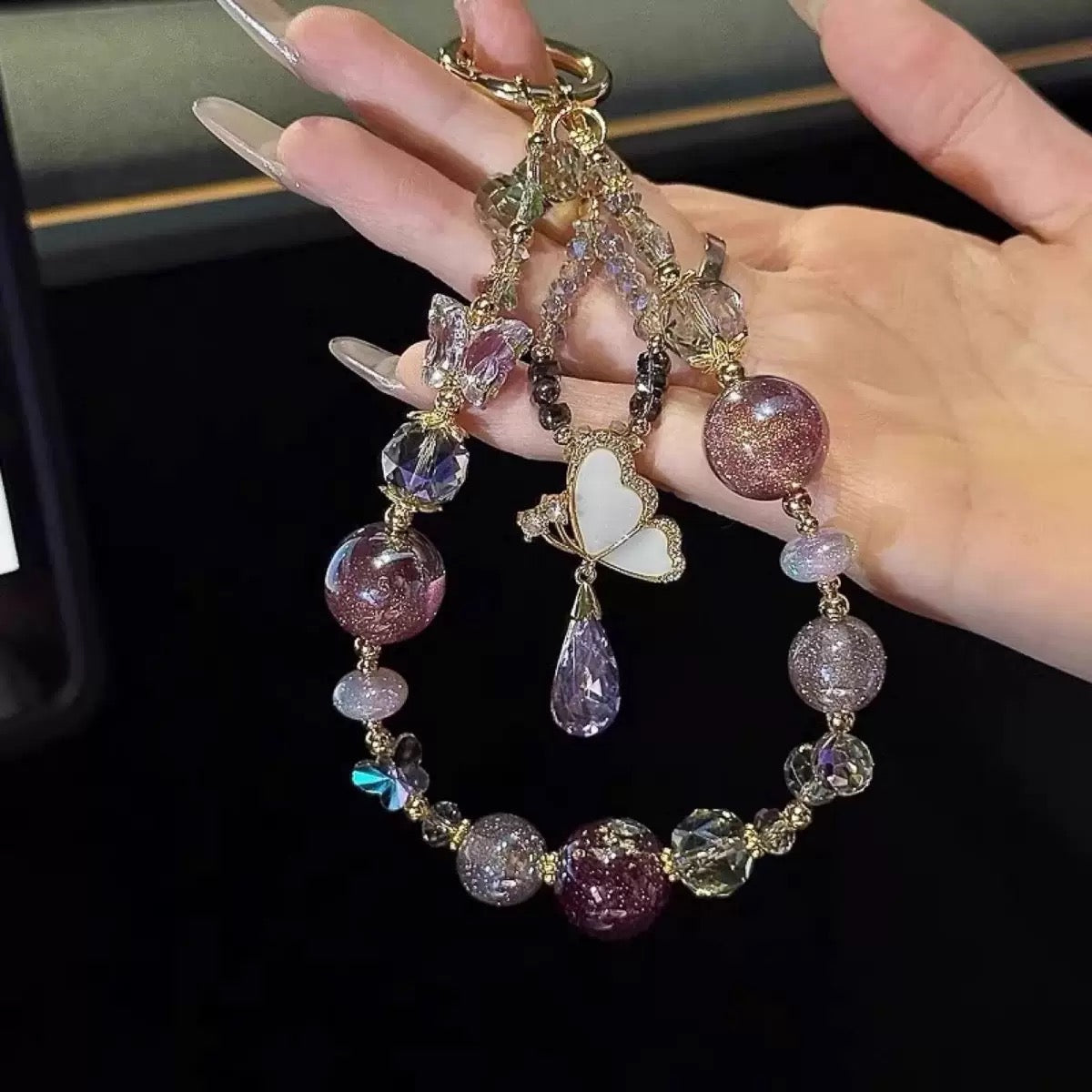 Elegant Butterfly Beaded Phone Charm Crystal Wrist Strap Keychain