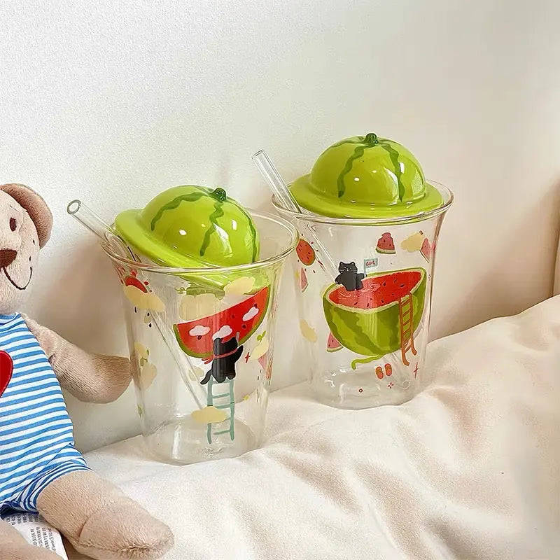 Cute Watermelon Glass Tumbler with 3D Lid & Straw