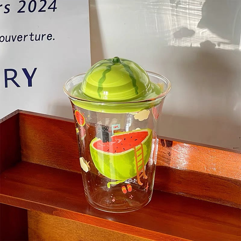 Cute Watermelon Glass Tumbler with 3D Lid & Straw