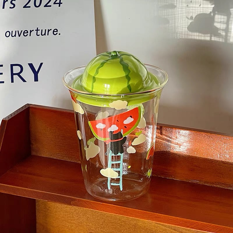 Cute Watermelon Glass Tumbler with 3D Lid & Straw