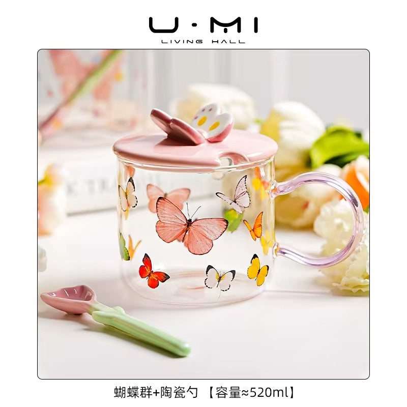 Butterfly Glass Mug with Ceramic Lid & Spoon 520ml
