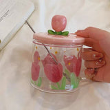 Cute Tulip Glass Mug with Peach Lid & Spoon