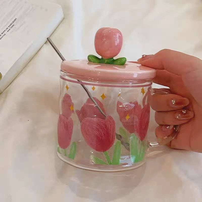 Cute Tulip Glass Mug with Peach Lid & Spoon