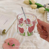 Cute Tulip Glass Mug with Peach Lid & Spoon