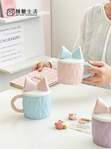 Cute Bow Ceramic Mug with Lid Pastel Sweet Mug