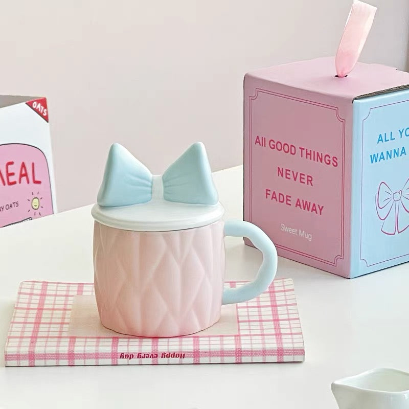 Cute Bow Ceramic Mug with Lid Pastel Sweet Mug