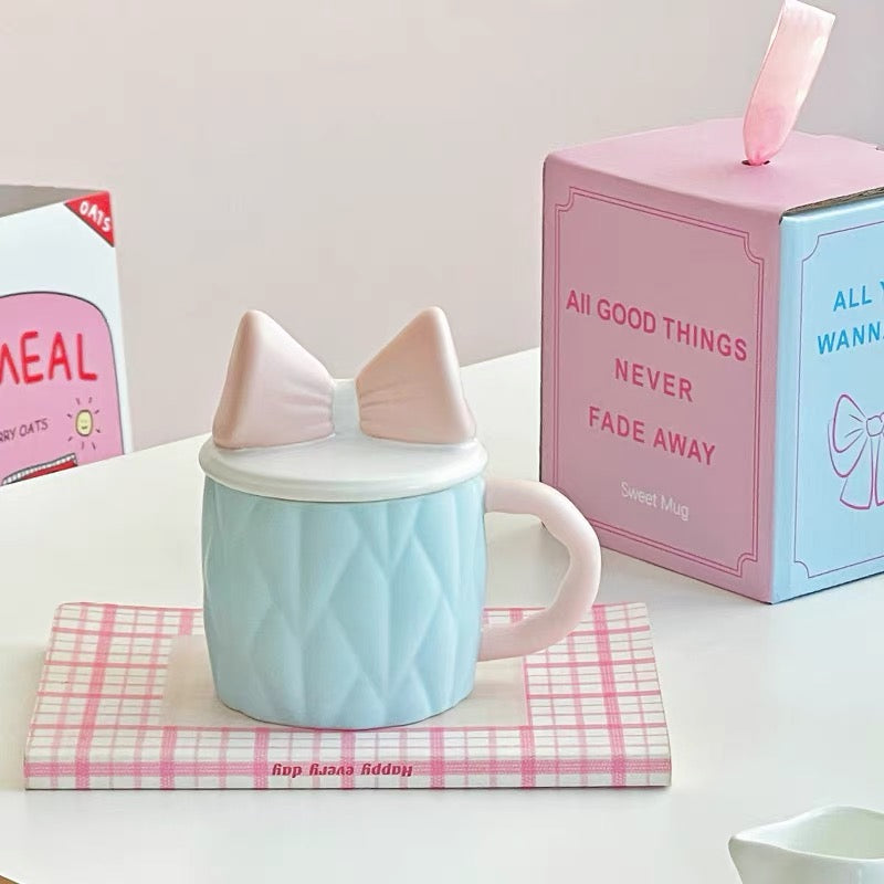 Cute Bow Ceramic Mug with Lid Pastel Sweet Mug