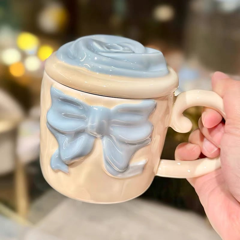 3D Bow Ceramic Mug with Rose Lid Aesthetic Pastel Coffee Mug