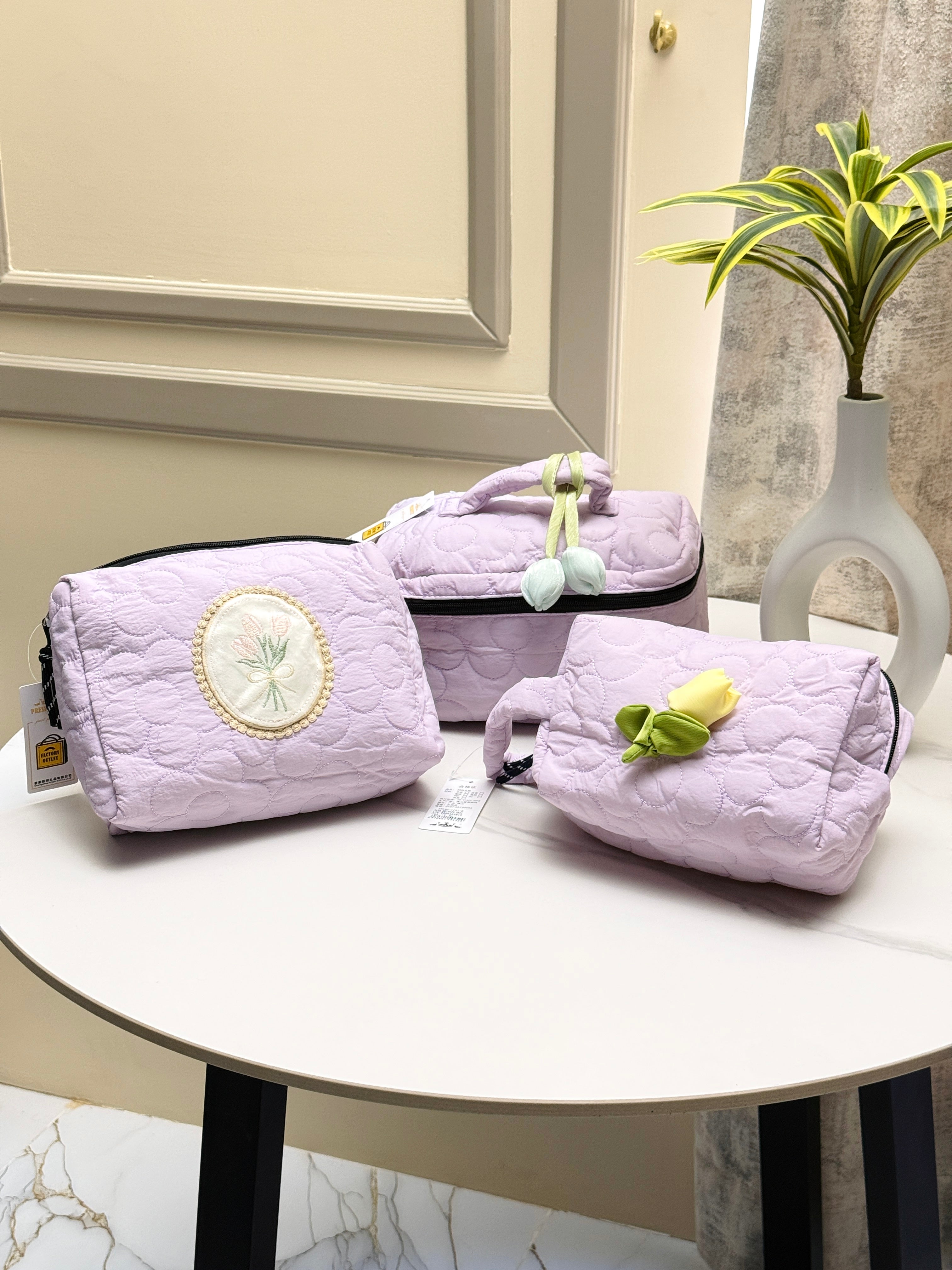Floral Quilted Cosmetic & Travel Pouch Set