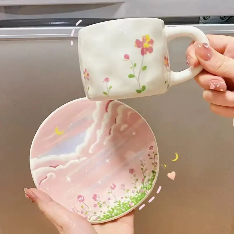 Dreamy Pink Sky Floral Ceramic Coffee Mug with Matching Plate