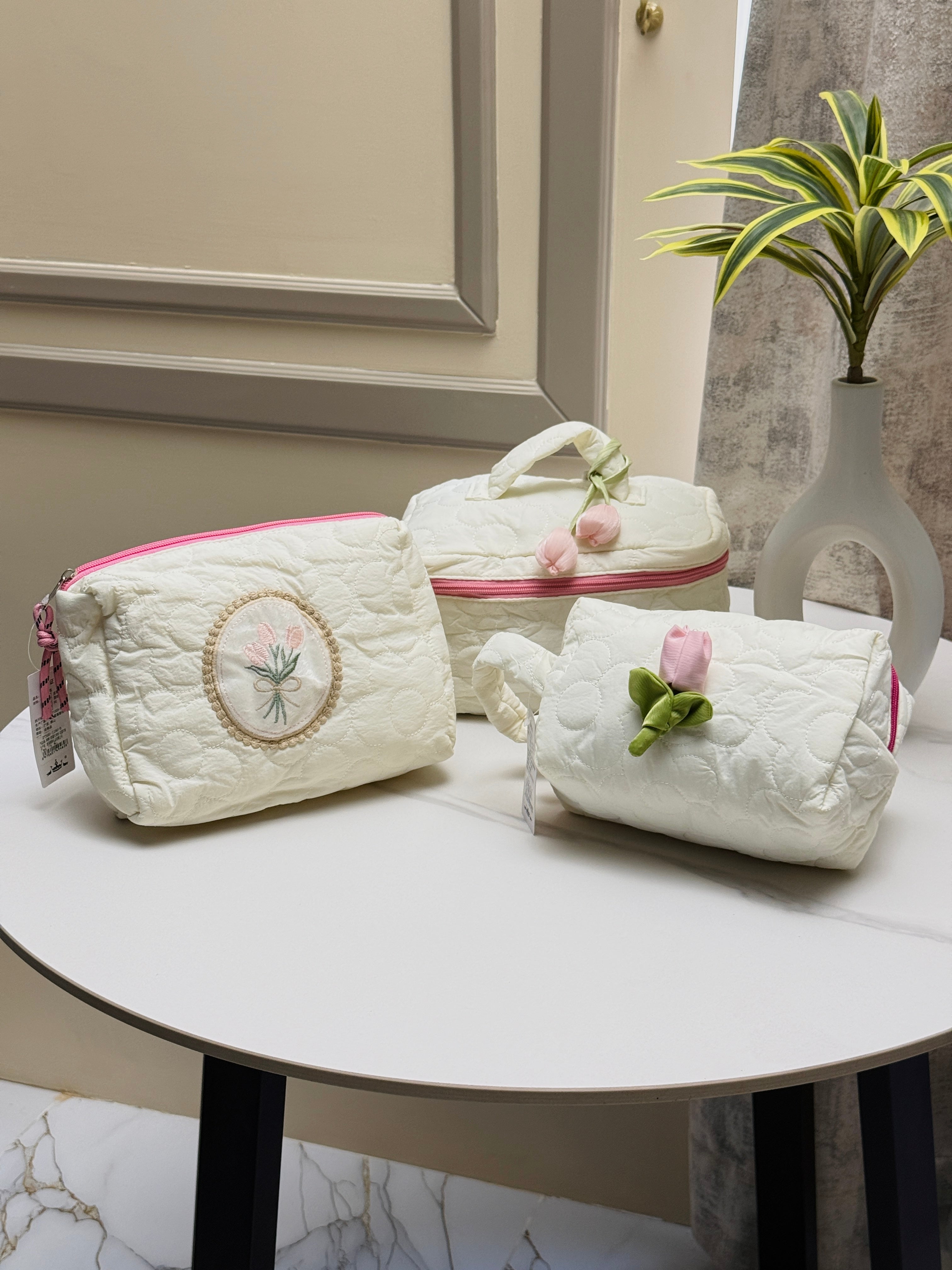 Floral Quilted Cosmetic & Travel Pouch Set