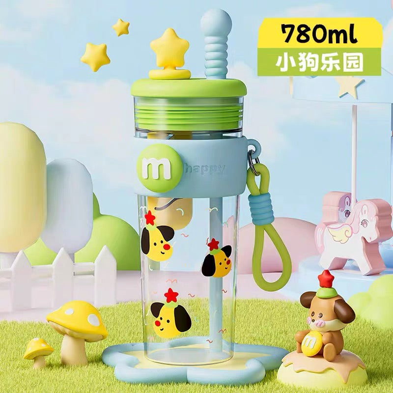 Cute Cartoon Star Straw Water Bottle with Carrying Strap