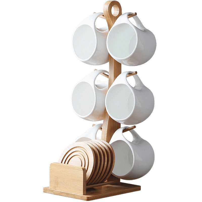 Premium Ceramic Cup Set with Wooden Stand 6 Cups & Bamboo Organizer