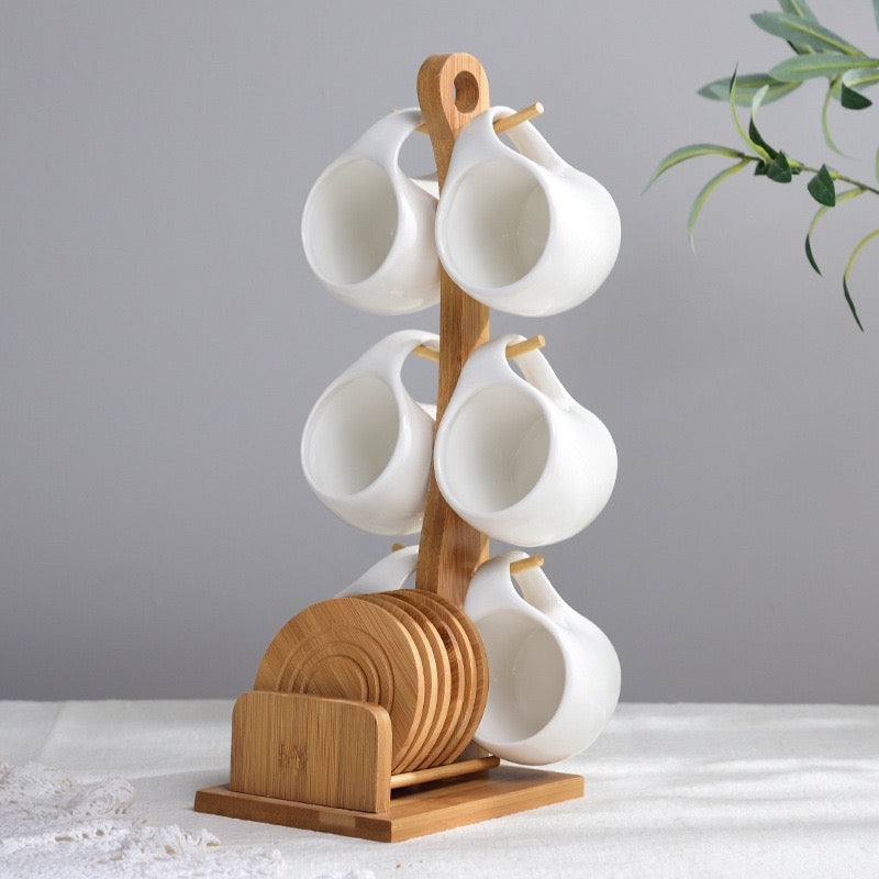 Premium Ceramic Cup Set with Wooden Stand 6 Cups & Bamboo Organizer