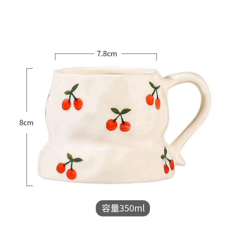 Cute Aesthetic Ceramic Mug Floral, Heart & Cherry Design Coffee Cup