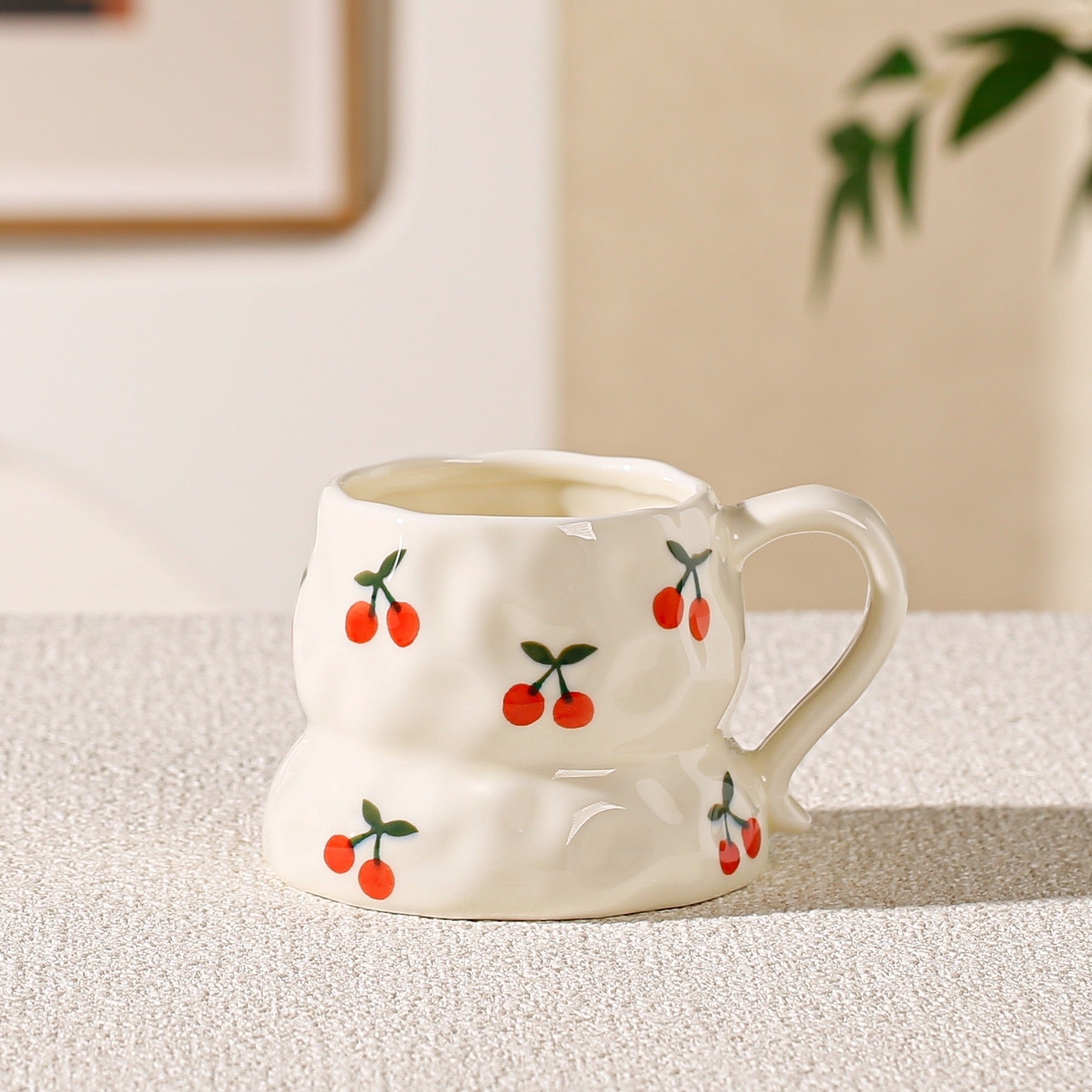 Cute Aesthetic Ceramic Mug Floral, Heart & Cherry Design Coffee Cup
