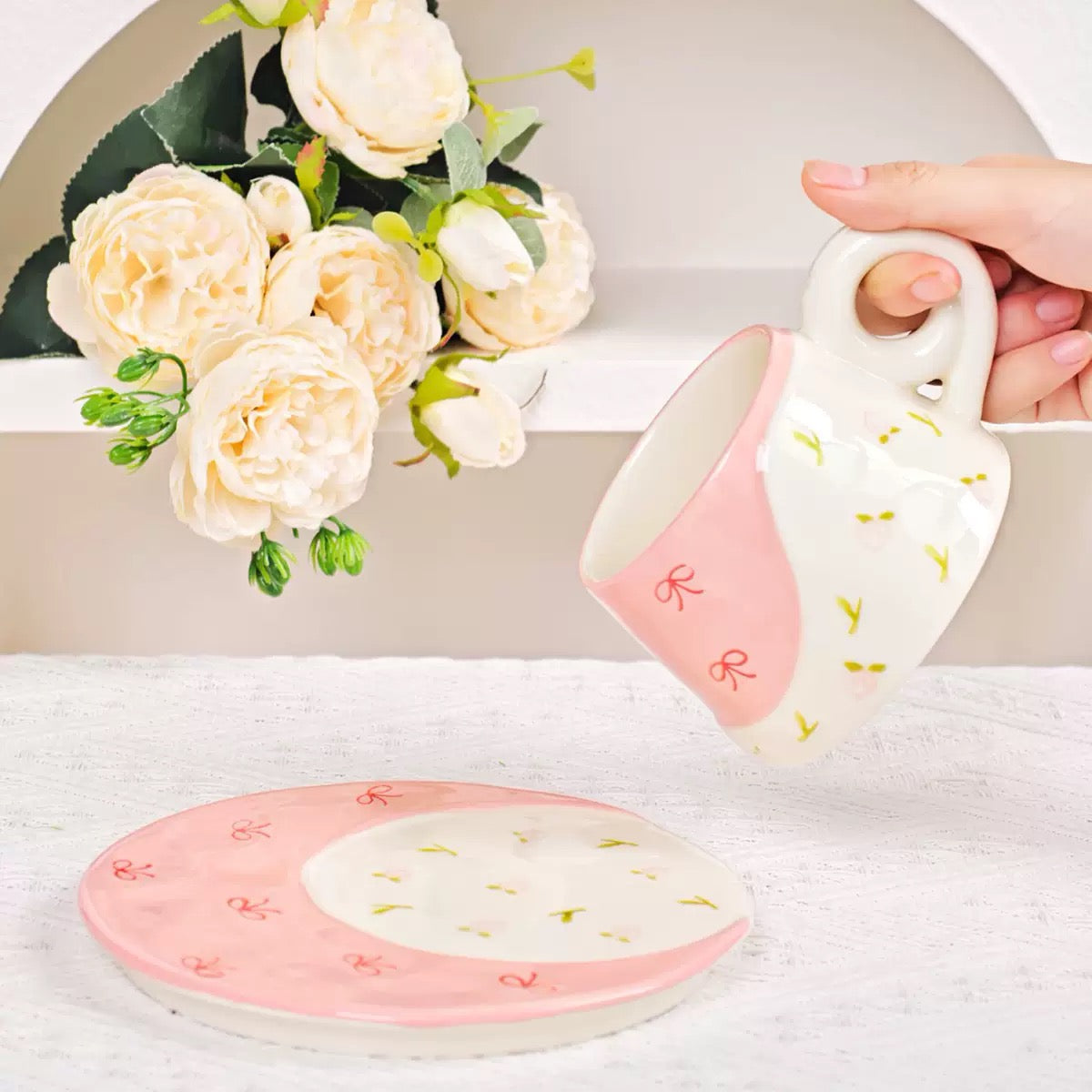 Cute Ceramic Cup & Saucer Set Aesthetic Coffee Mug with Plate