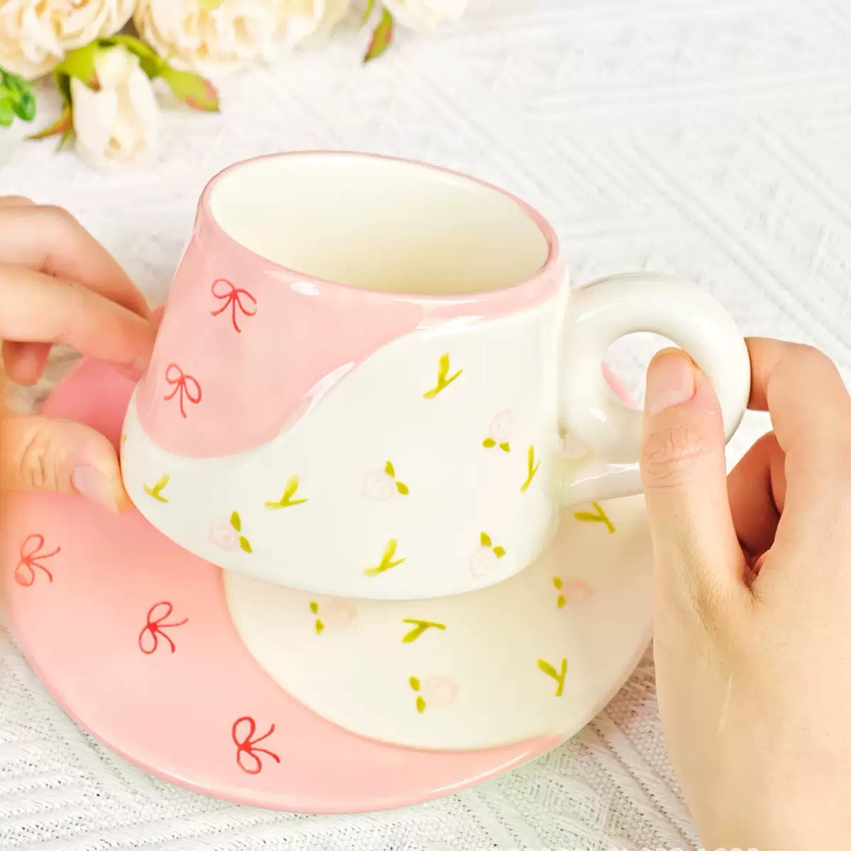 Cute Ceramic Cup & Saucer Set Aesthetic Coffee Mug with Plate