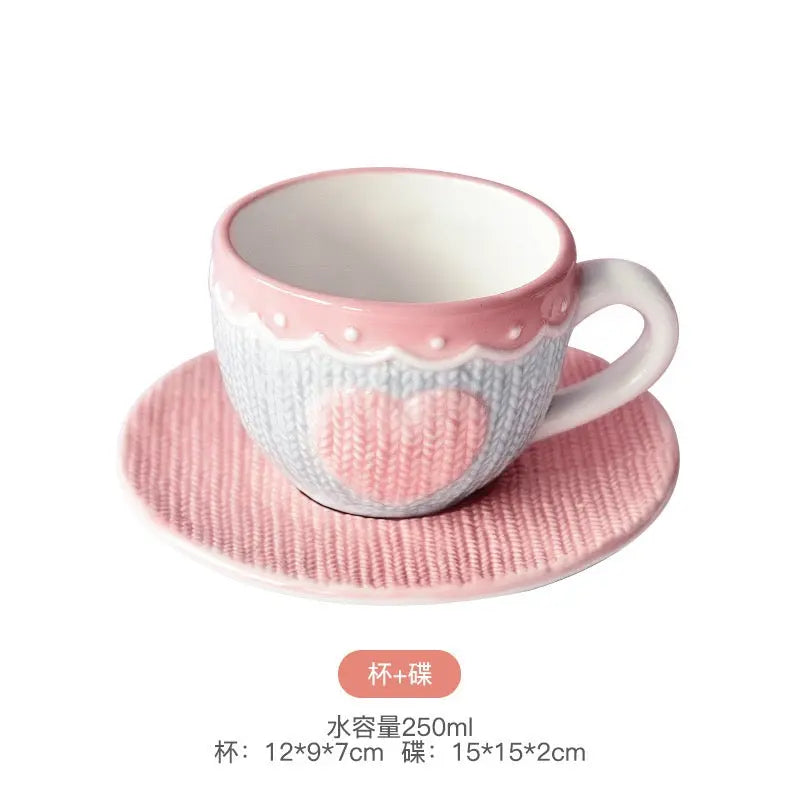 Cozy Knit Style Ceramic Cup & Saucer Cute Heart Coffee Se