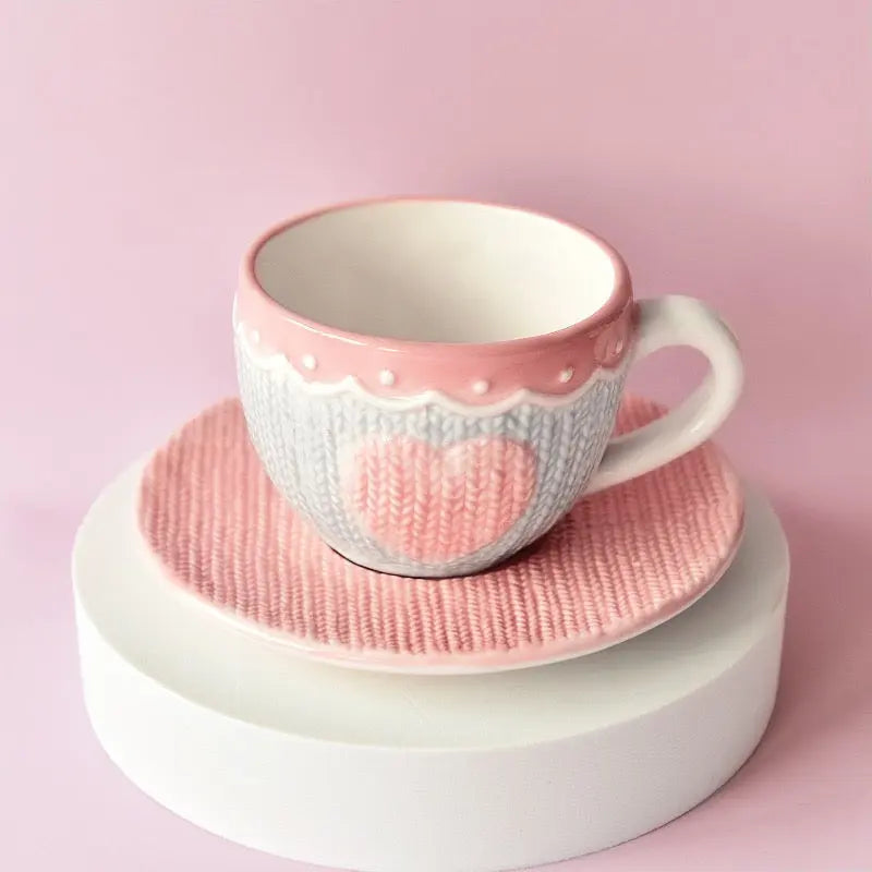 Cozy Knit Style Ceramic Cup & Saucer Cute Heart Coffee Se