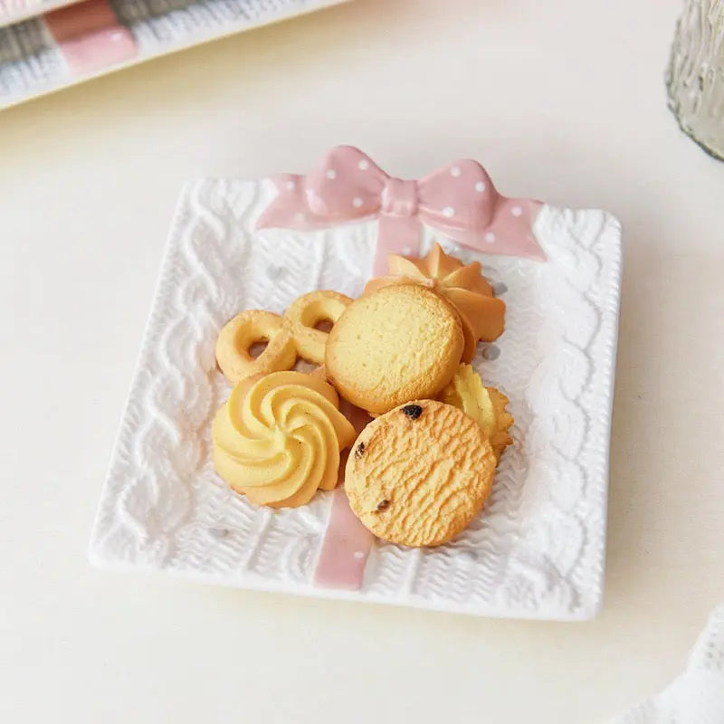 Cute Gift Box Ceramic Plate Aesthetic Bow Dessert Serving Dish