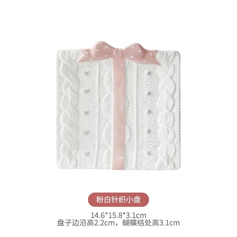 Cute Gift Box Ceramic Plate Aesthetic Bow Dessert Serving Dish