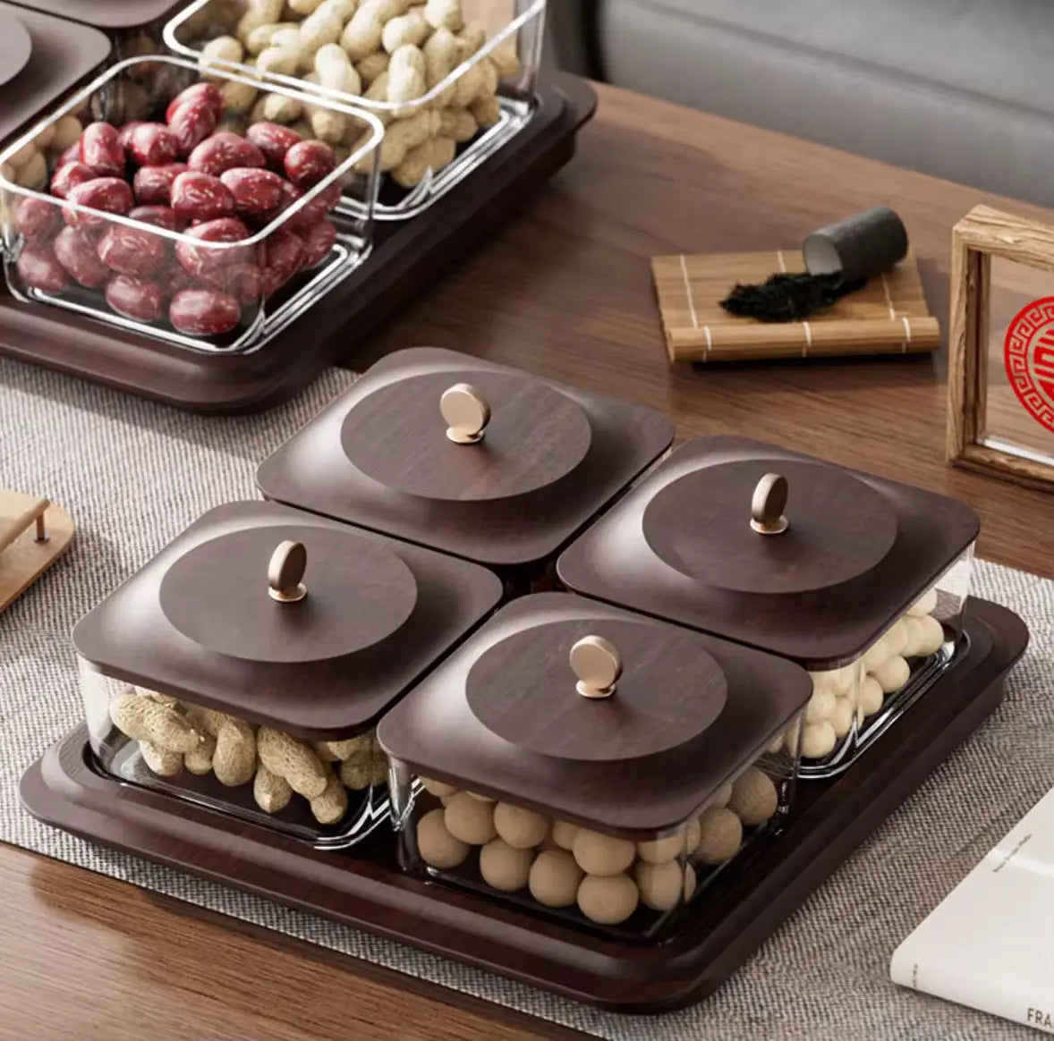 Luxury Snack Storage Tray Set4 Compartment Airtight Containers with Wooden Lid