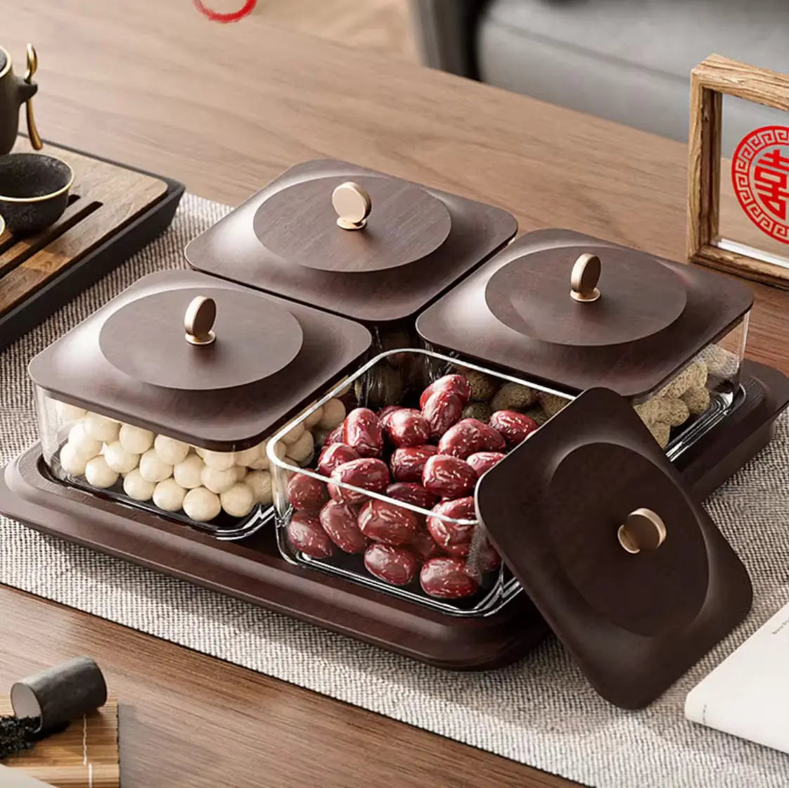 Luxury Snack Storage Tray Set4 Compartment Airtight Containers with Wooden Lid