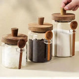 3pcs Airtight Glass Storage Jars with Wooden Lid & Scoop Kitchen Organizer Set
