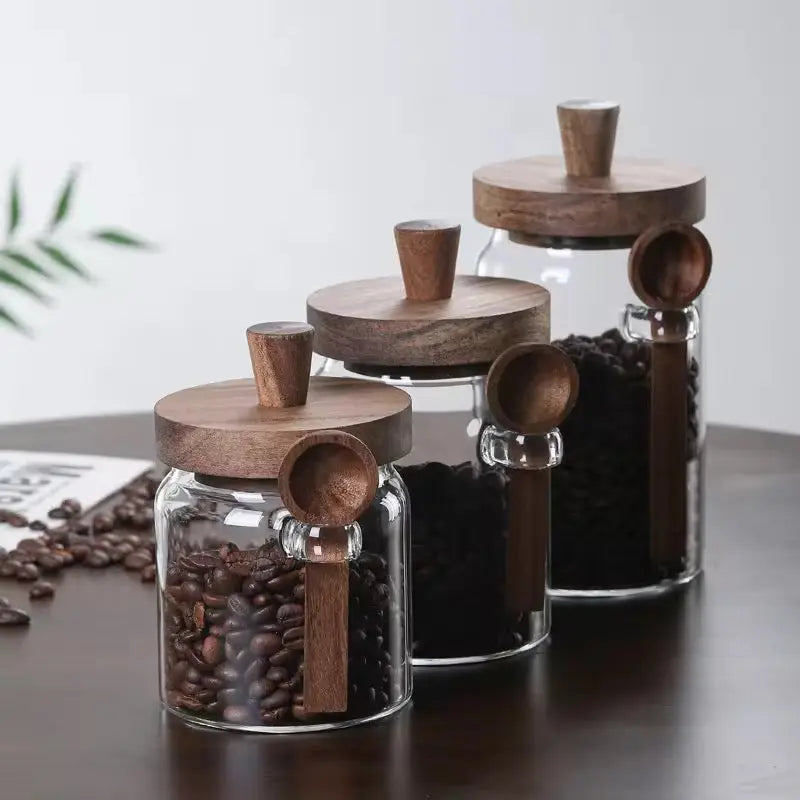 3pcs Airtight Glass Storage Jars with Wooden Lid & Scoop Kitchen Organizer Set SparkelsSparkels