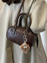 Vintage Mini Boston Bag Cute Shoulder Handbag with Plush Charm
