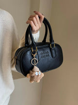 Vintage Mini Boston Bag Cute Shoulder Handbag with Plush Charm