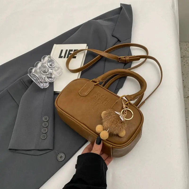 Vintage Mini Boston Bag Cute Shoulder Handbag with Plush Charm
