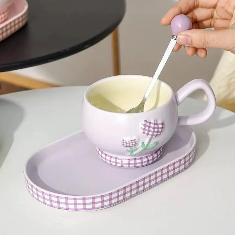 Cute Floral Ceramic Coffee Cup Set with Tray & Spoon