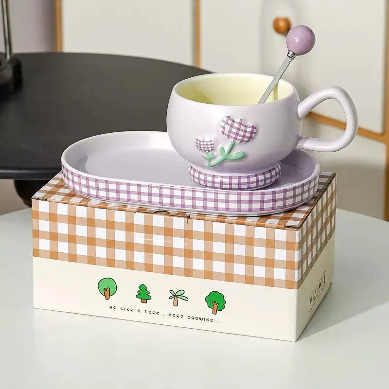 Cute Floral Ceramic Coffee Cup Set with Tray & Spoon