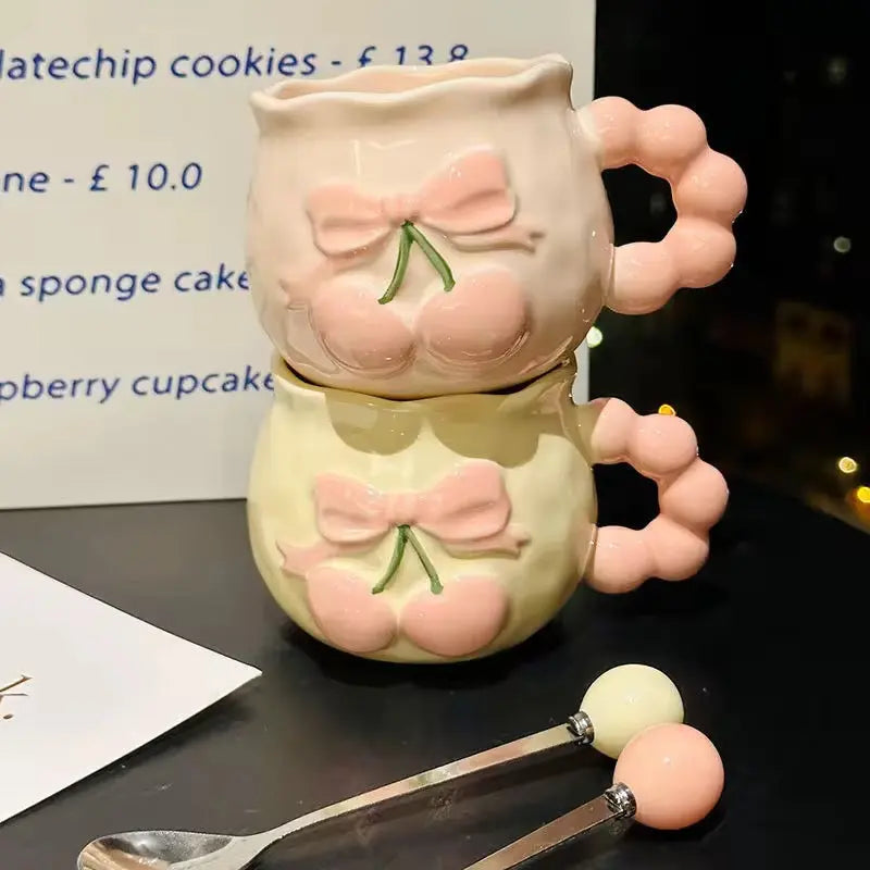 Kawaii Peach Bow Ceramic Mug with Beaded Handle Cute Pastel Coffee & Tea Cup